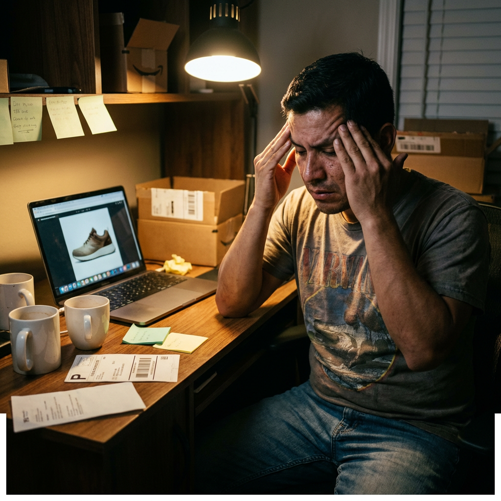 34-year-old Latino e-commerce owner in a cramped home office at 11pm, rubbing his temples, laptop screen glowing with a poorly lit product photo, empty coffee cups and crumpled sticky notes on the desk, overhead light casting harsh shadows
