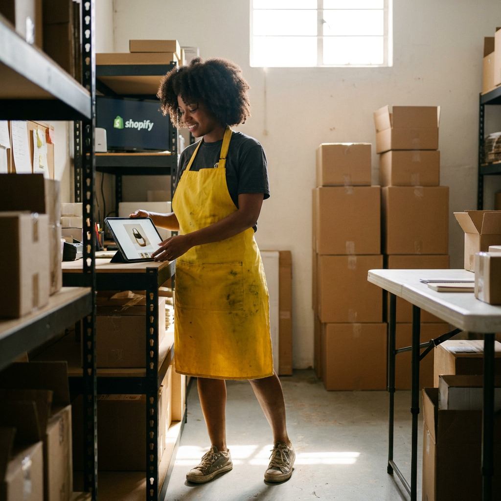 29-year-old Black e-commerce owner in a small warehouse at 2pm, holding a tablet with a freshly generated product photo, smiling as she uploads it to her Shopify store, sunlight streaming through a high window, a stack of unopened product boxes in the background