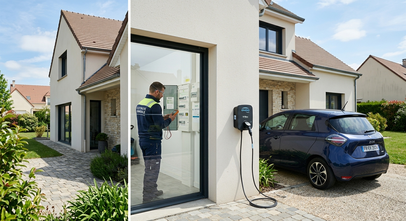 Maison individuelle avec borne de recharge électrique IRVE installée sur une prise extérieure, un véhicule électrique en charge à proximité.