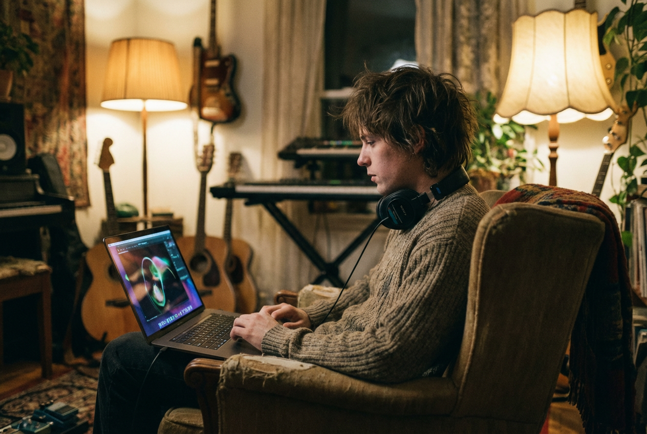 alt text: An independent musician creating a music video using AI tools on a laptop