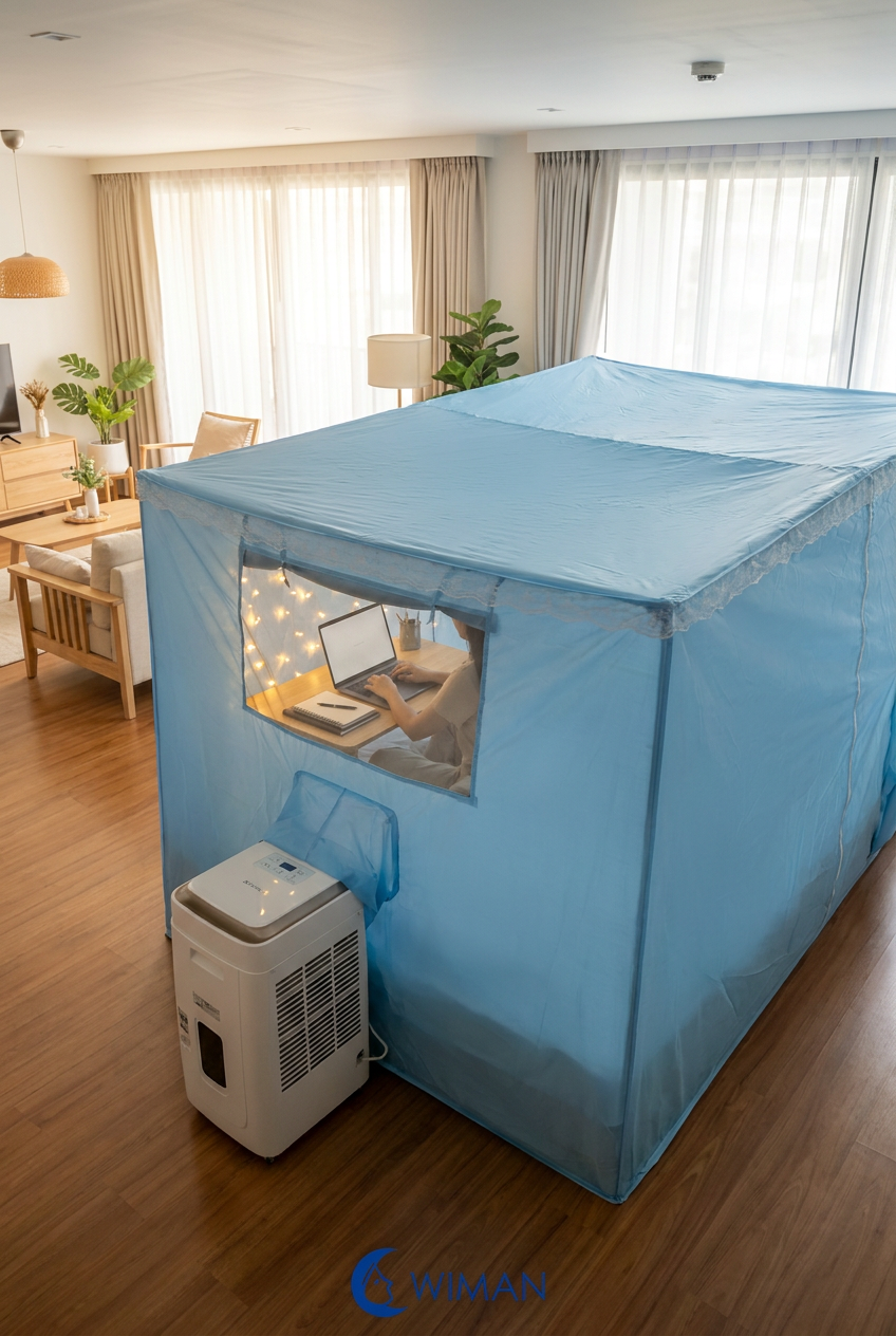 ชุดแอร์เคลื่อนที่ WIMAN 9000 BTU และมุ้งแอร์สีฟ้าสำหรับ Work From Home