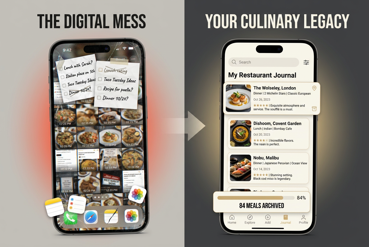 A split screen comparing a disorganized notes app labeled Digital Mess to a sleek restaurant tracking app interface labeled Your Culinary Legacy.