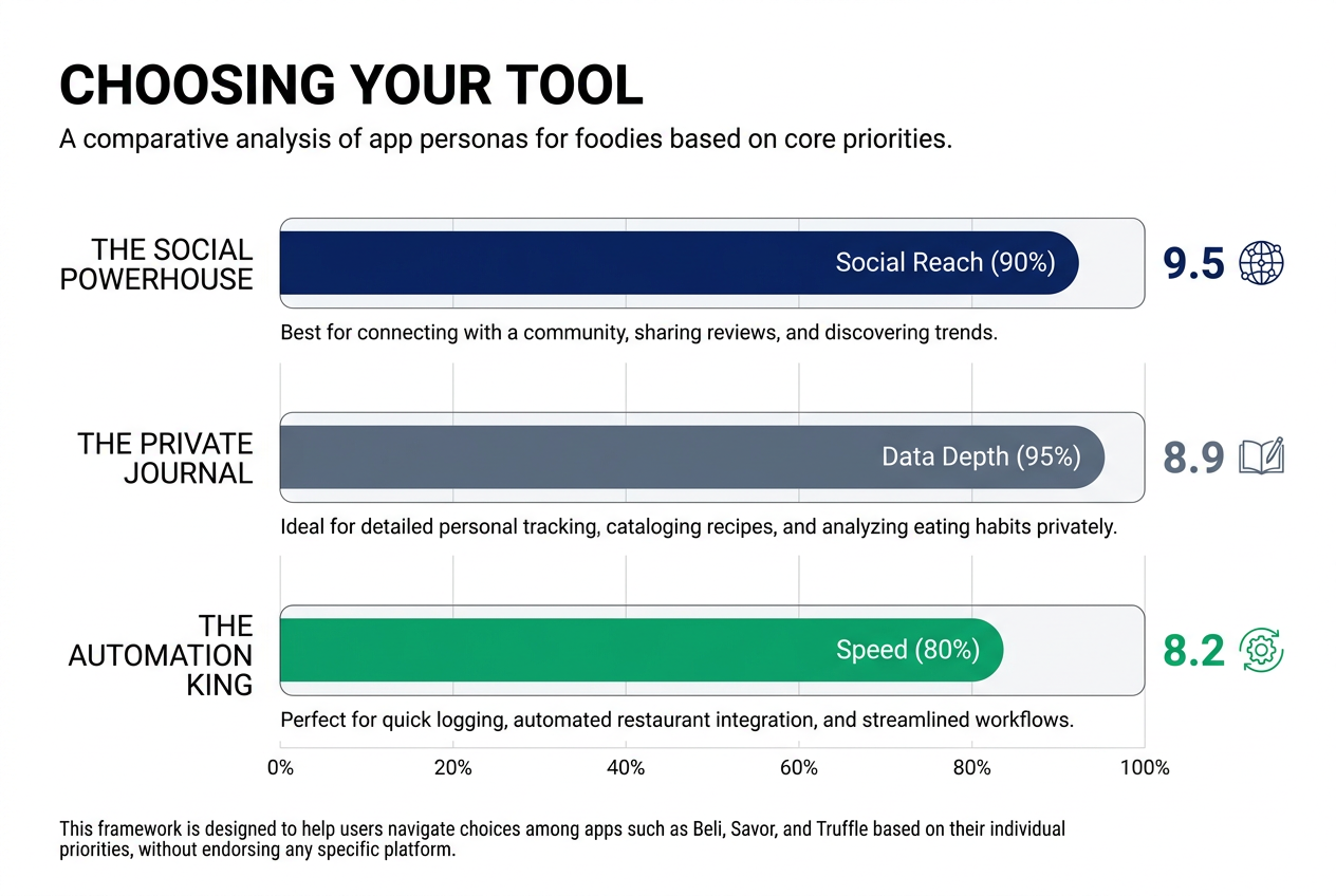 A horizontal bar chart titled Choosing Your Tool comparing social powerhouse, private journal, and automation king app categories for foodies.