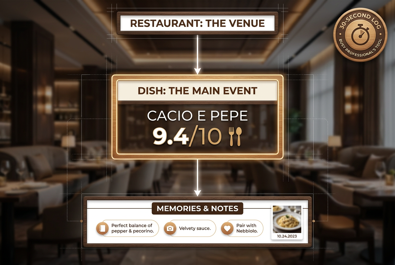 An infographic showing a hierarchy from Restaurant Venue to Dish The Main Event with a 9.4 rating, emphasizing dish-level data over location.