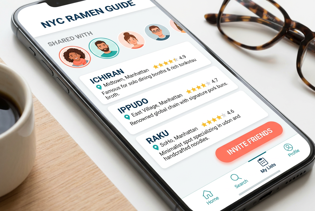 A sleek mobile app interface for a NYC Ramen Guide showing shared contacts and an invite friends button for collaborative list sharing.