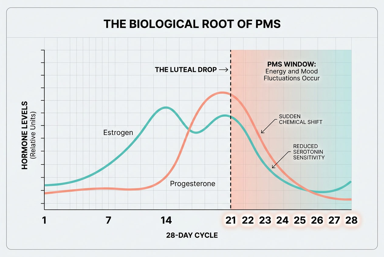 A line graph showing the sharp drop in estrogen and progesterone during the luteal phase, explaining the biological cause of PMS symptoms and mood shifts.