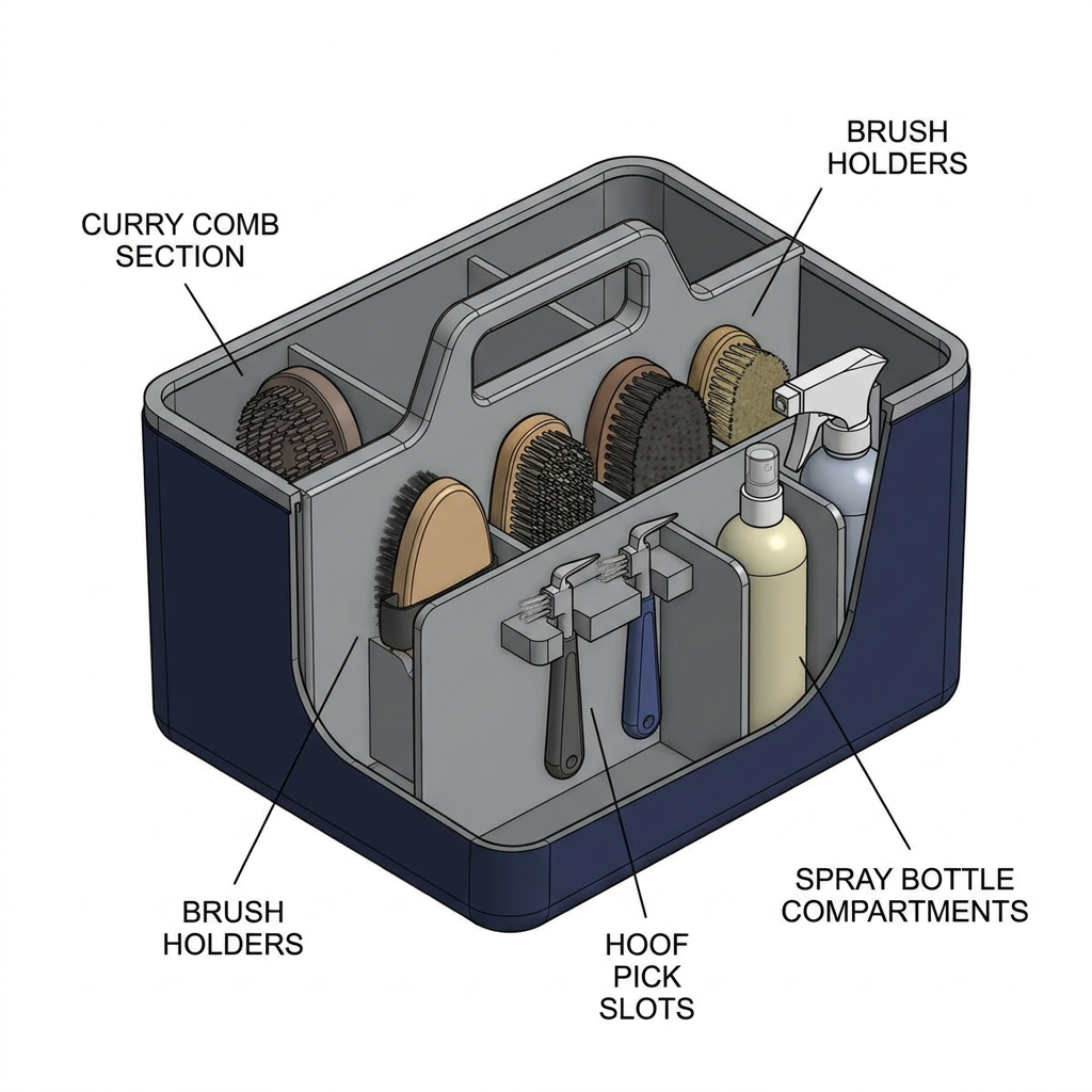 Cross-section diagram showing the internal organization of Kensington's grooming tote with labeled compartments for different tools