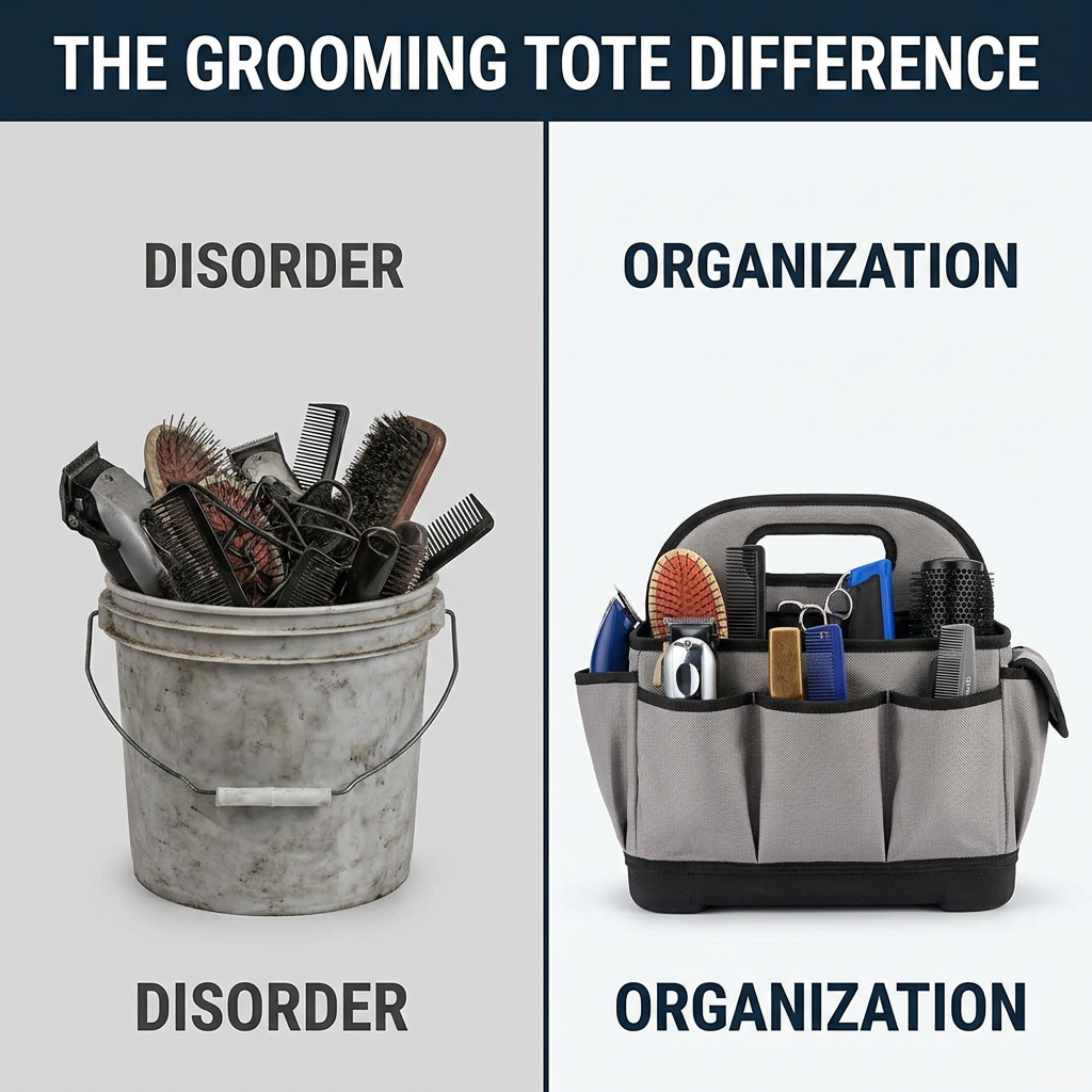 Before and after comparison showing chaotic bucket of tangled tools versus organized Kensington grooming tote