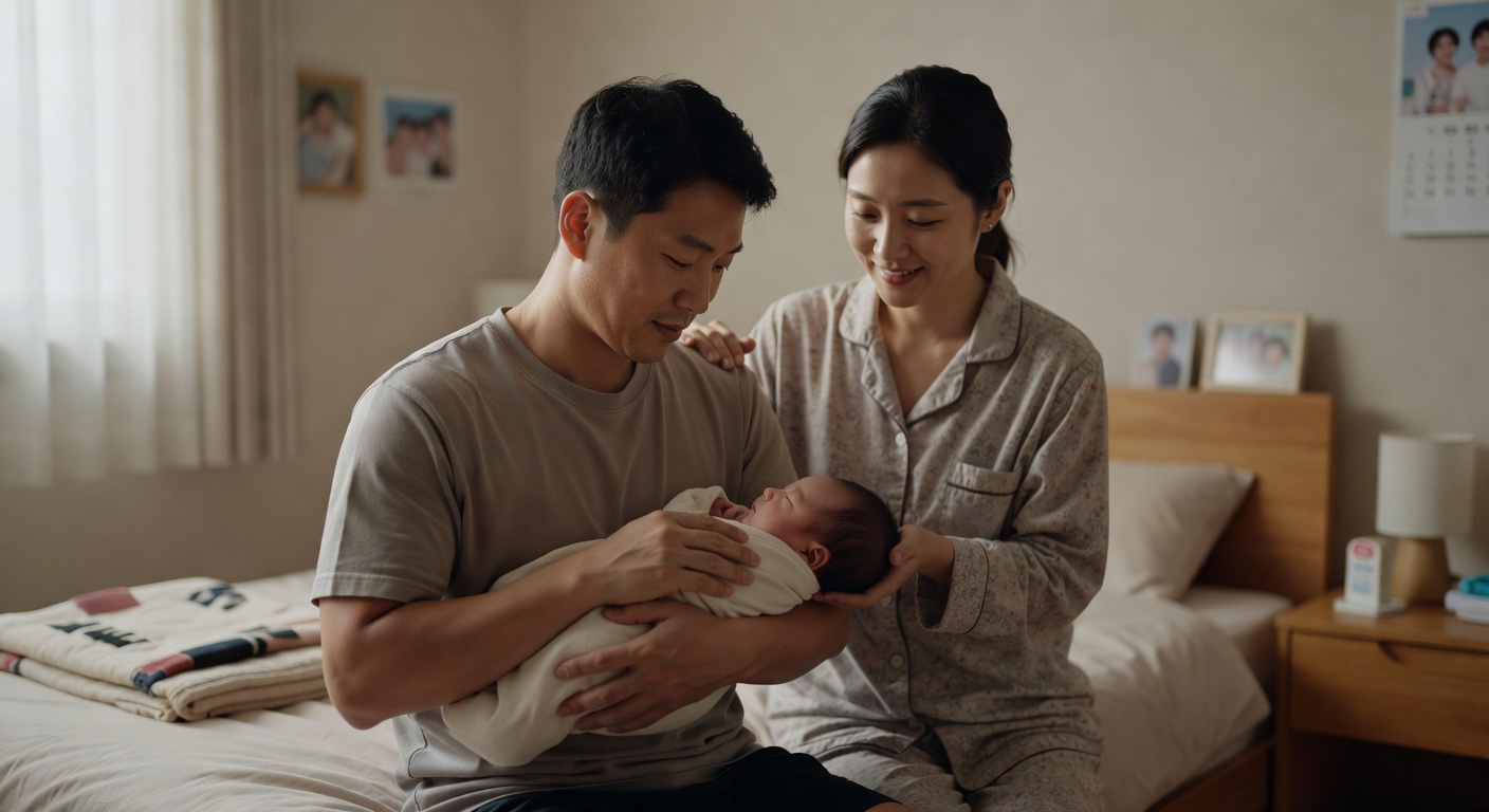 Korean father and mother taking turns caring for baby at night in a bedroom