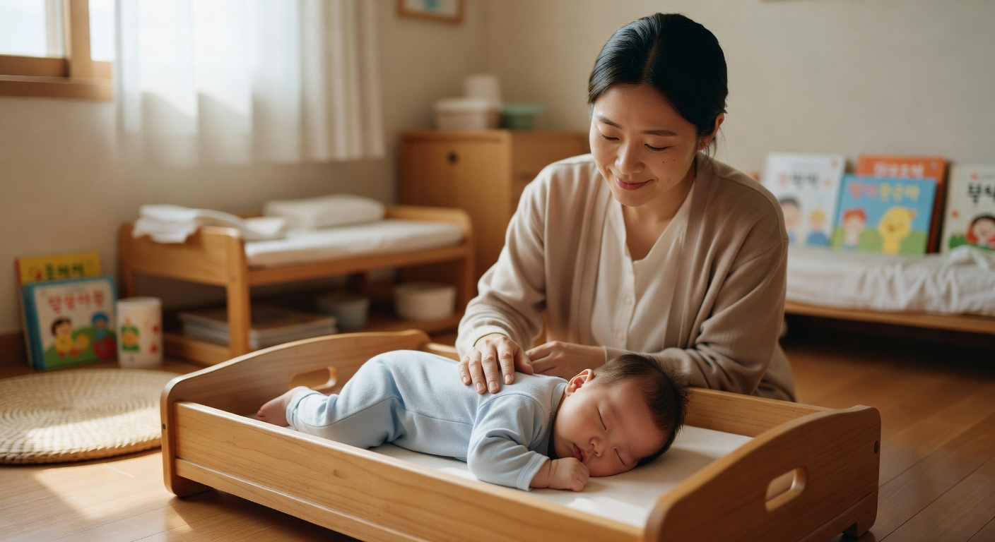 Korean mother gently patting sleeping baby in a dimly lit nursery room