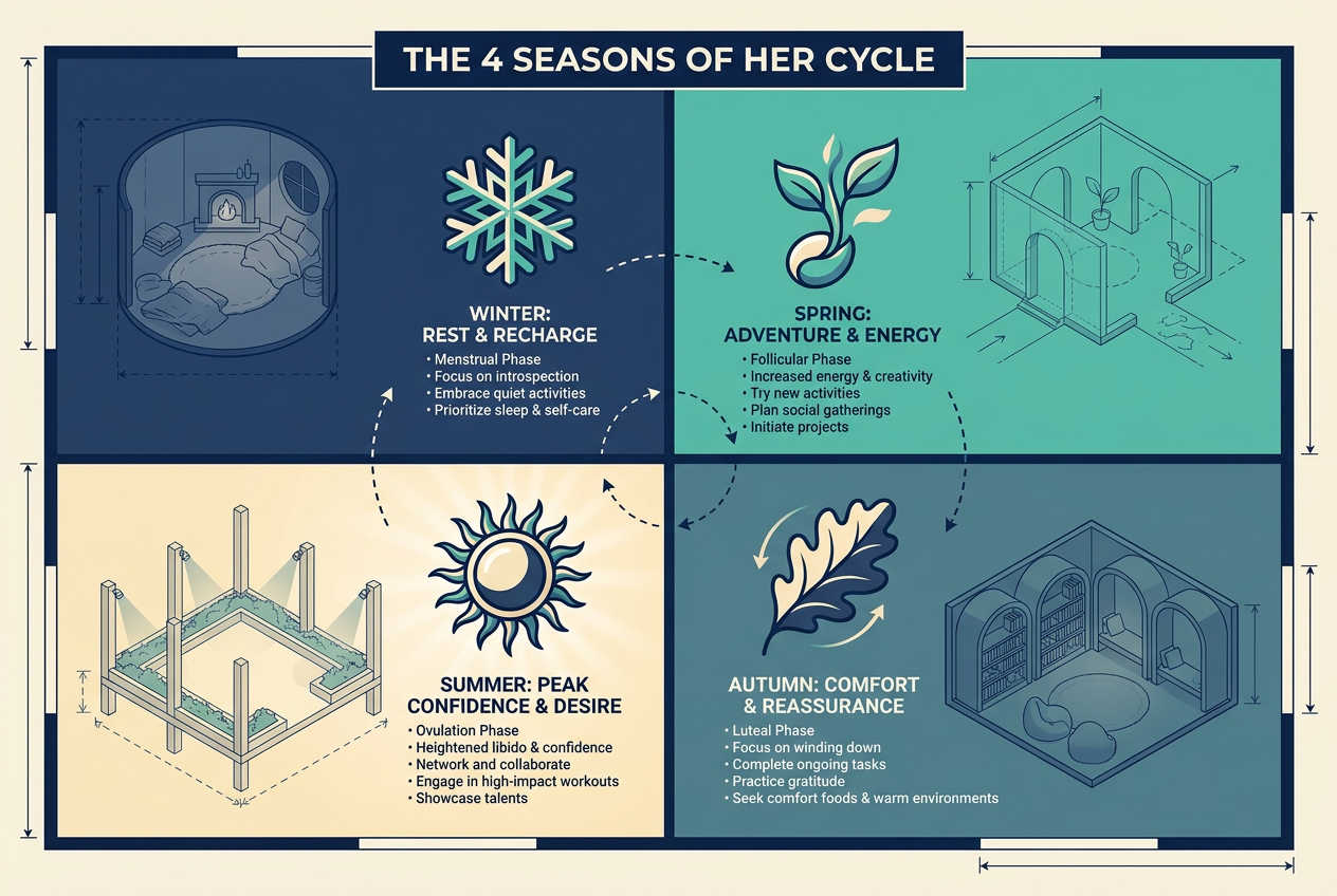 A 2x2 grid diagram explaining the four seasons of a woman’s menstrual cycle: Winter, Spring, Summer, and Autumn, with specific intimacy focus areas.
