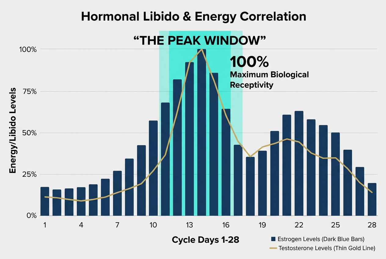 A bar graph showing the correlation between hormone levels and female libido, highlighting the peak biological window for intimacy during ovulation.