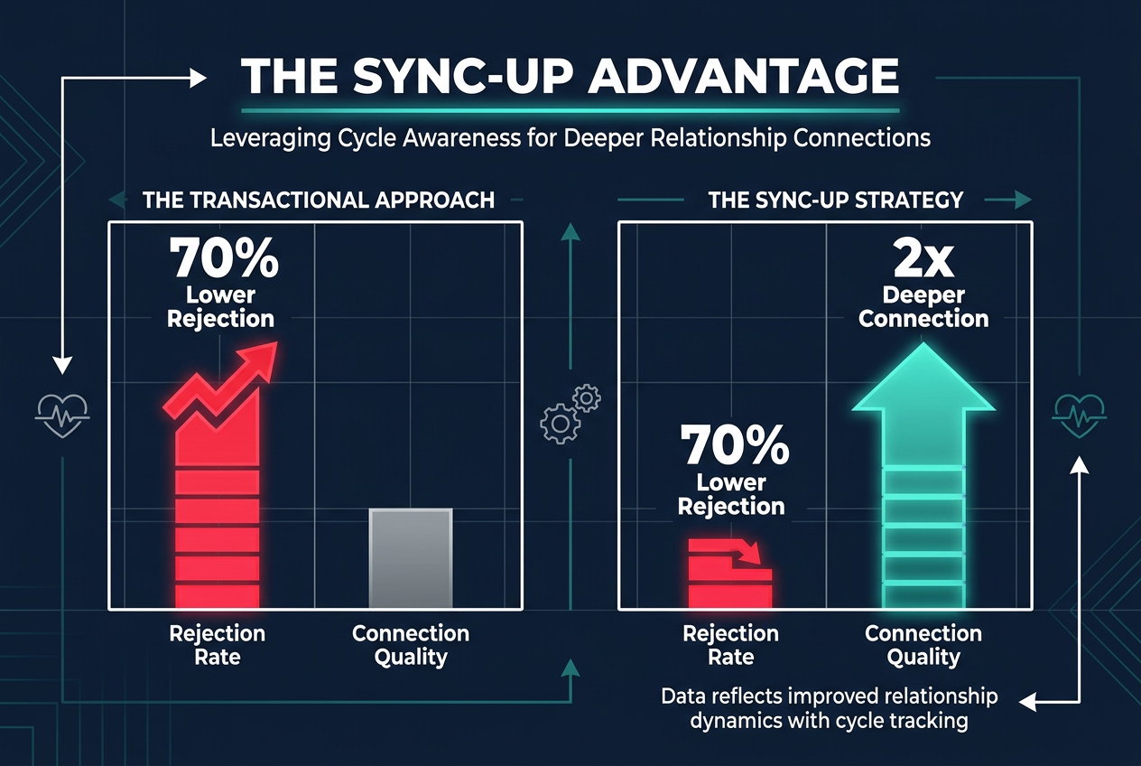 Comparison bar chart showing how the Sync-Up Strategy results in lower rejection rates and deeper emotional connection compared to transactional approaches.