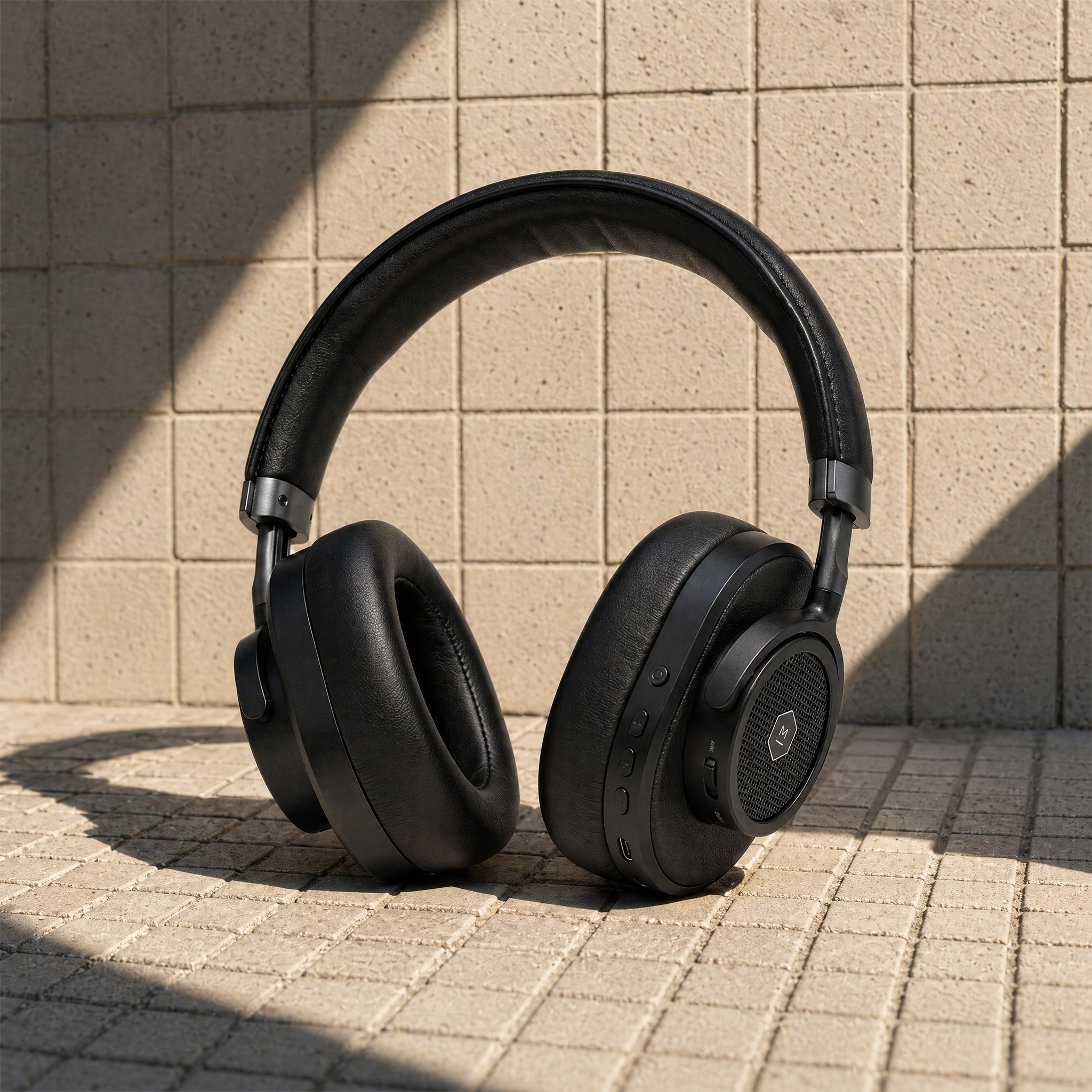 Place the user's product photo into the following template scene: A product centered on a small mosaic-tiled surface with a clean, urban aesthetic. The scene is defined by strong, directional sunlight