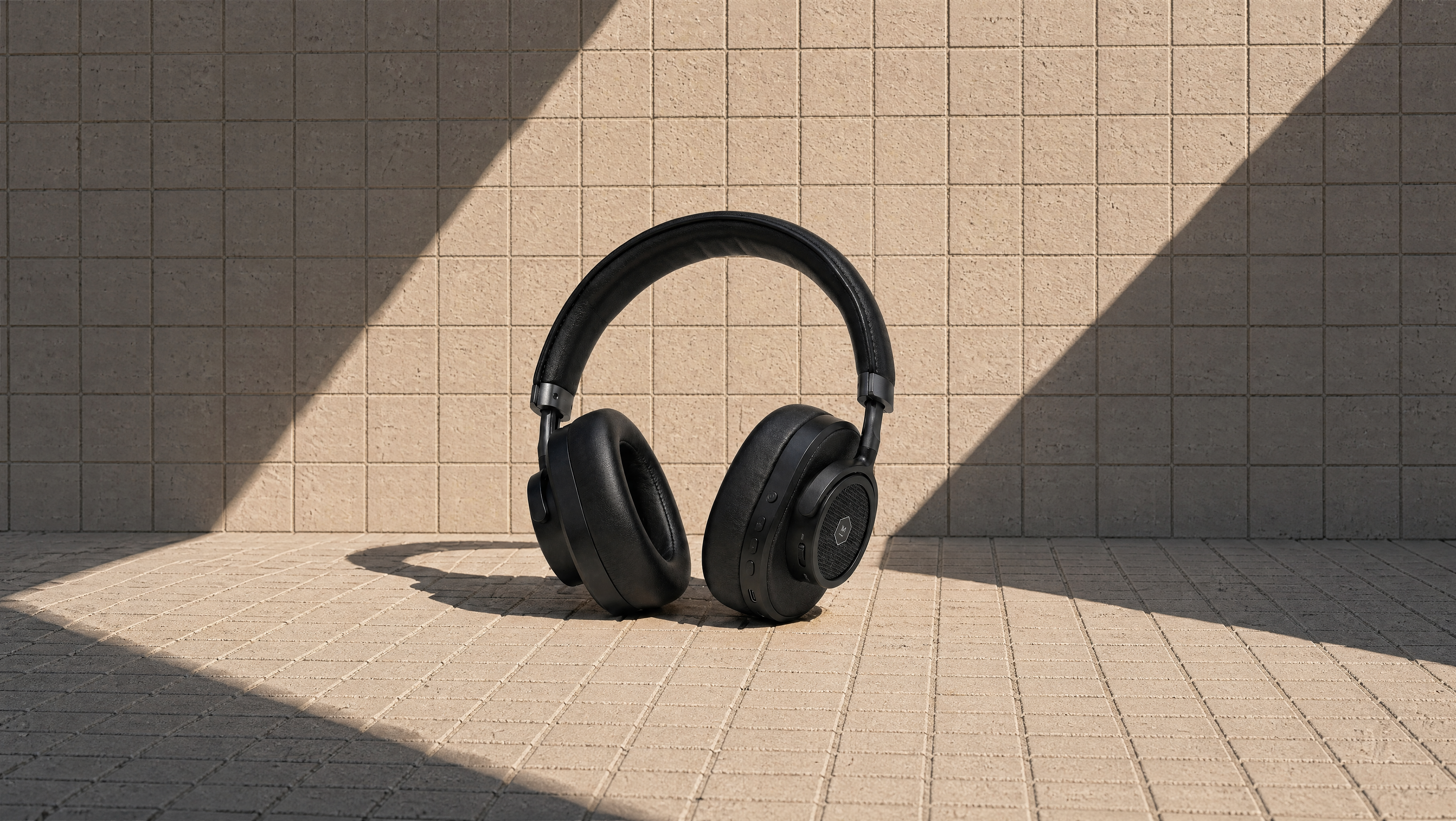 Place the user's product photo into the following template scene: A product centered on a small mosaic-tiled surface with a clean, urban aesthetic. The scene is defined by strong, directional sunlight