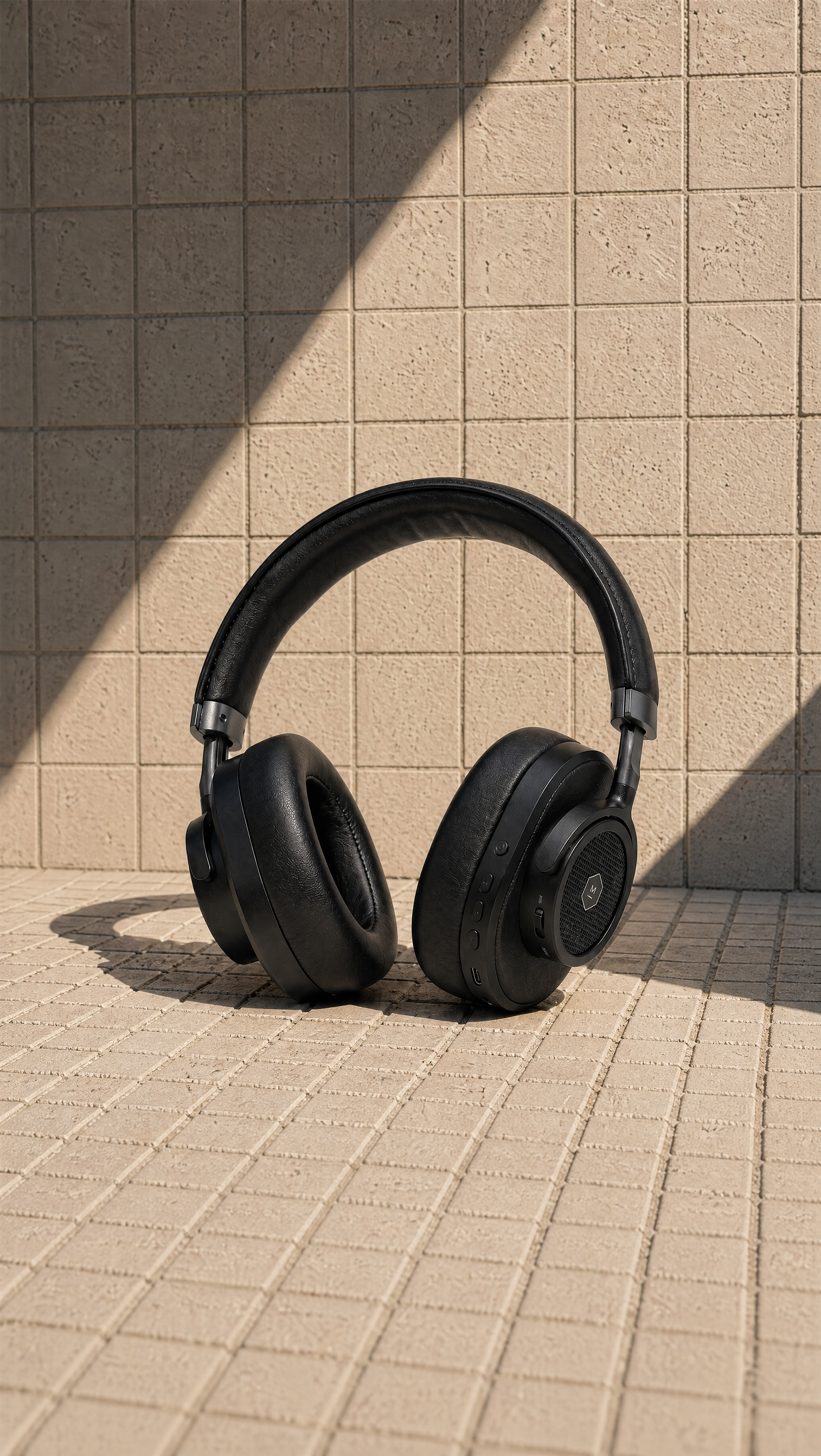 Place the user's product photo into the following template scene: A product centered on a small mosaic-tiled surface with a clean, urban aesthetic. The scene is defined by strong, directional sunlight