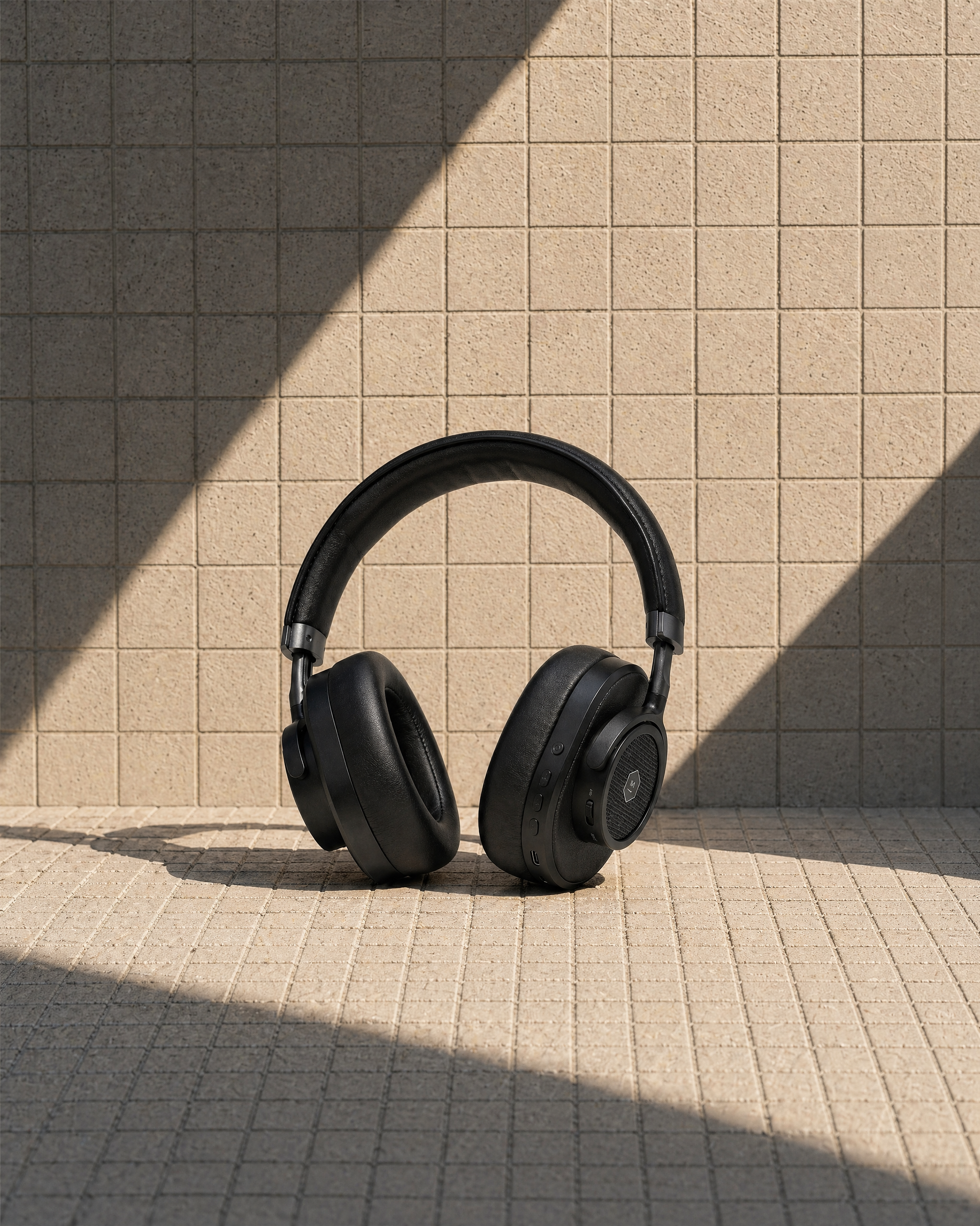 Place the user's product photo into the following template scene: A product centered on a small mosaic-tiled surface with a clean, urban aesthetic. The scene is defined by strong, directional sunlight