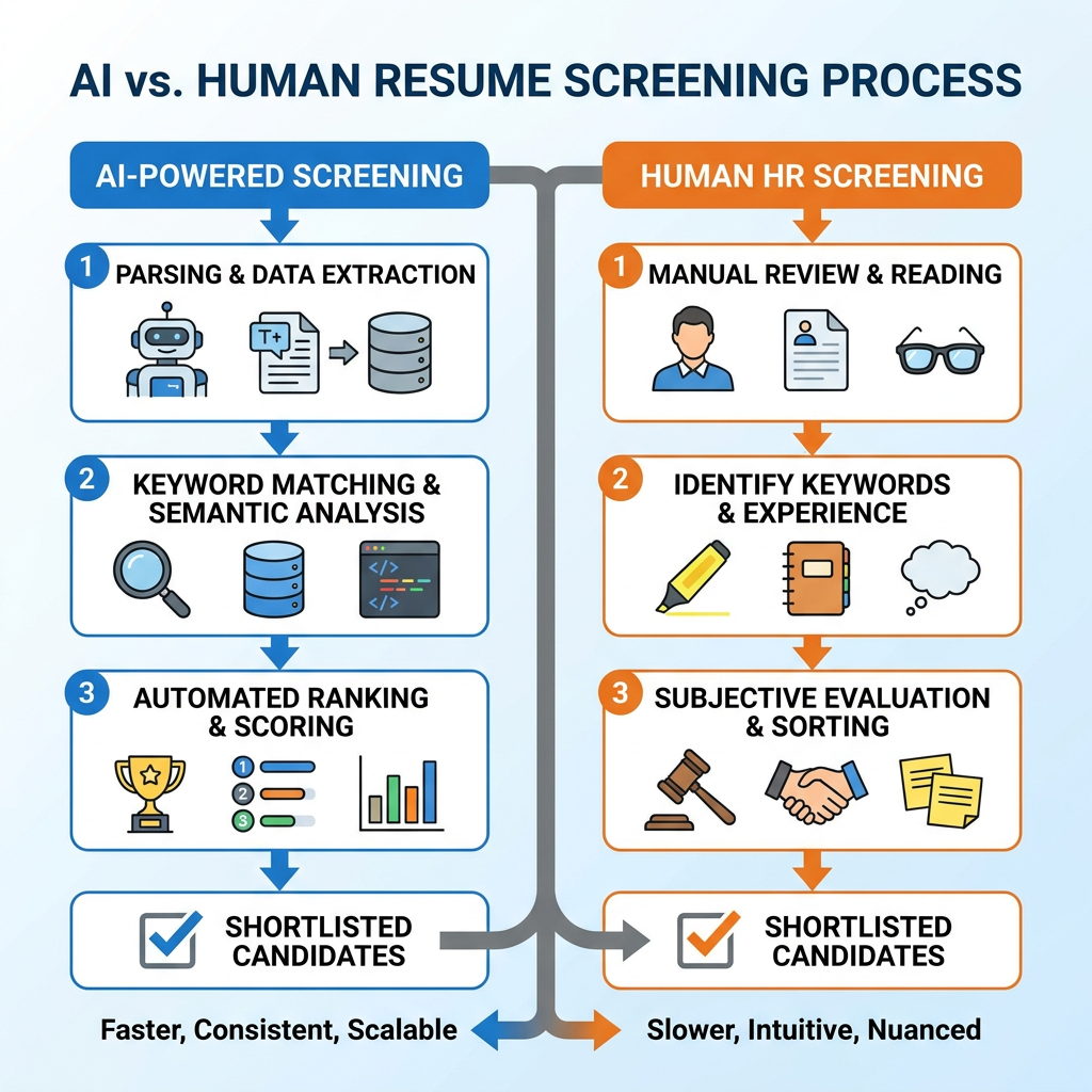 [Diagram comparing AI vs. human resume screening process, showing parsing, keyword matching, and ranking steps]