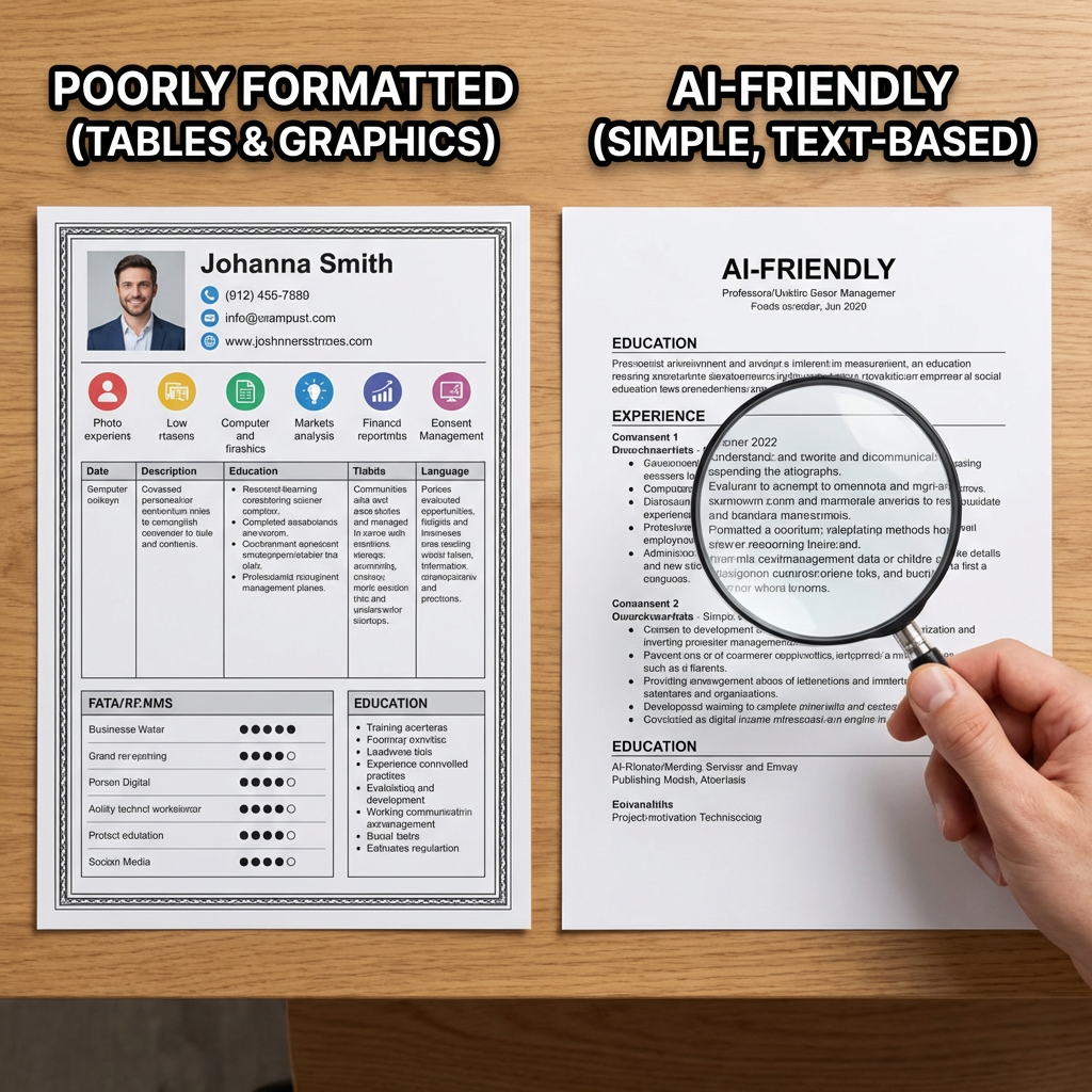[Side-by-side comparison of a poorly formatted resume (with tables and graphics) vs. an AI-friendly resume (simple, text-base