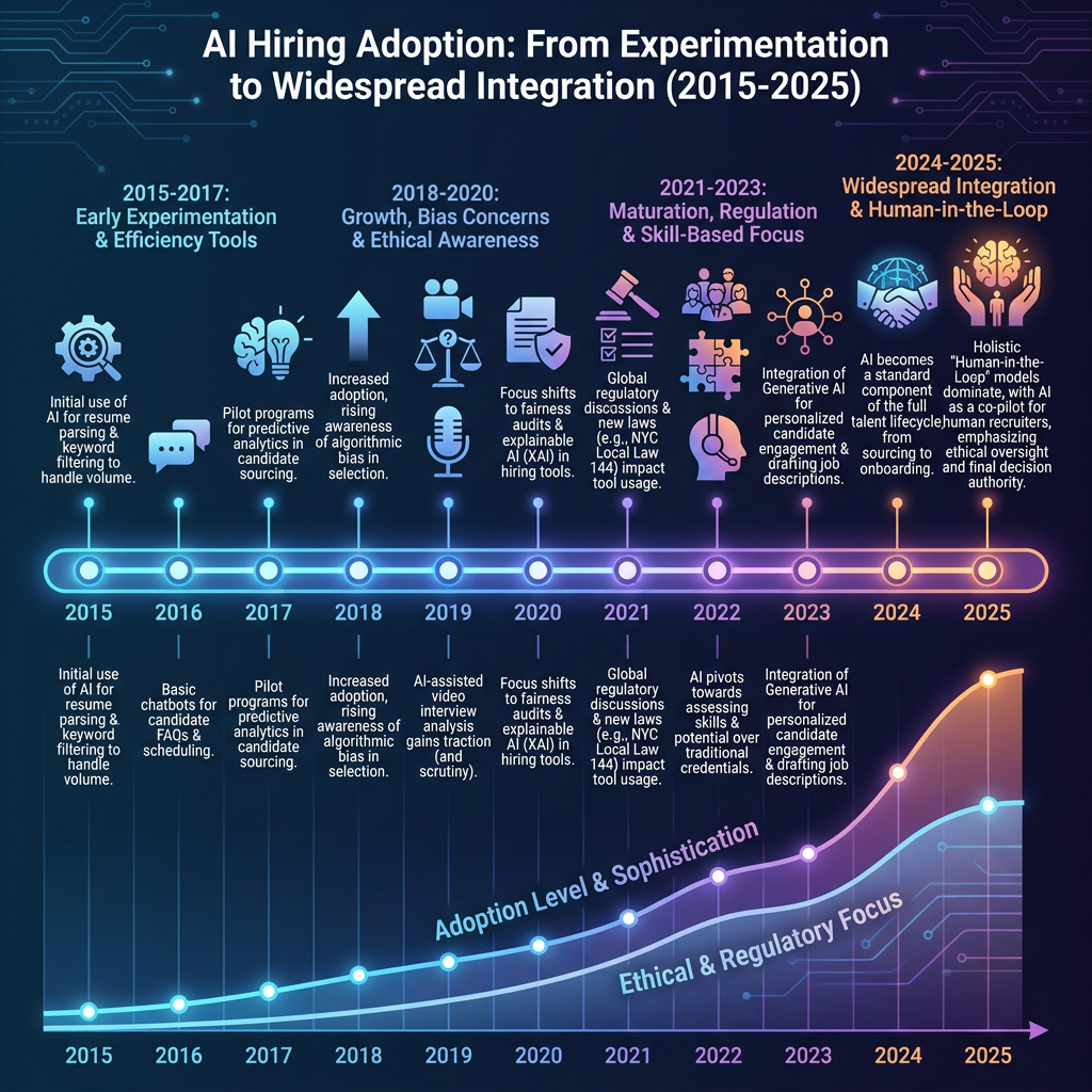 [Infographic showing timeline of AI hiring adoption from 2015 to 2025, with key milestones]
