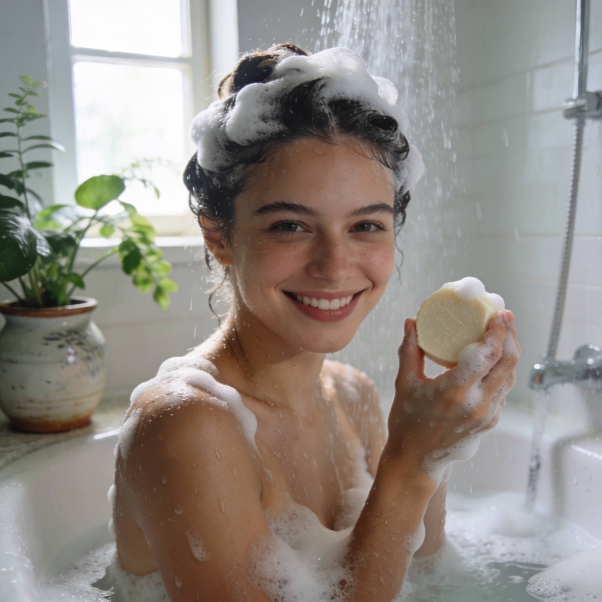 utilisation shampoing solide doux sous la douche cheveux brillants