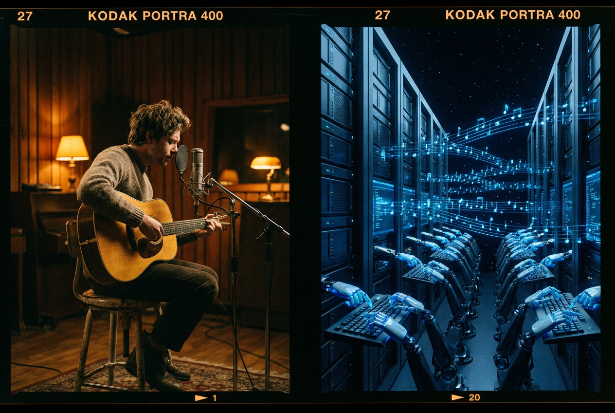 A split-screen visualization showing one side with a single human musician recording in a warm studio, and the other side showing thousands of identical robotic arms pressing buttons on keyboards, with streams of digital music notes flooding outward, dramatic contrast between warm analog and cold digital
