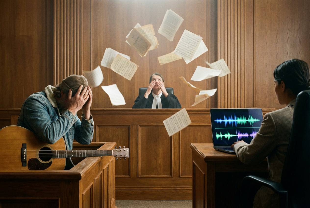 A courtroom scene where on one side sits a traditional musician holding a guitar looking frustrated, and on the other side sits a person at a laptop with AI visualizations on the screen, while a judge in robes sits between them looking overwhelmed, with legal documents and musical notes floating in the air