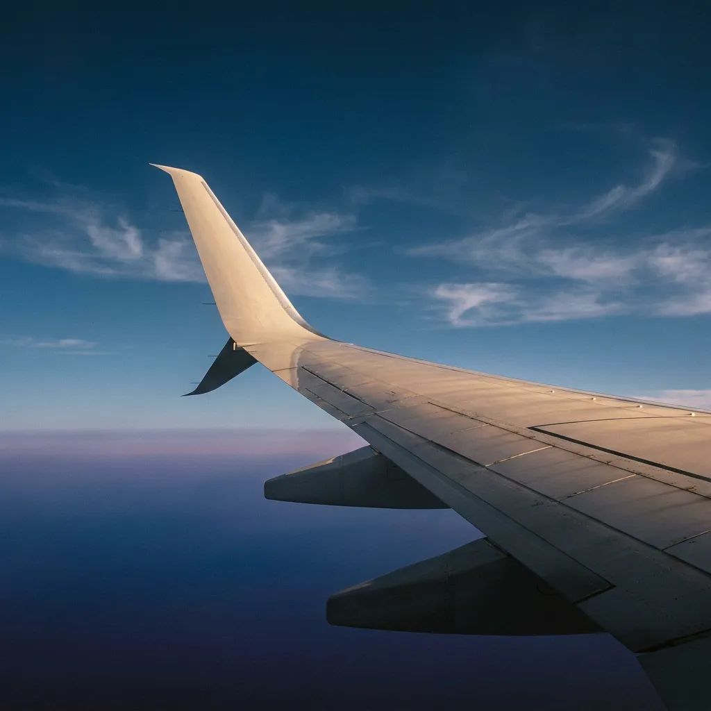 Commercial aircraft wing and winglet against deep blue sky at altitude
