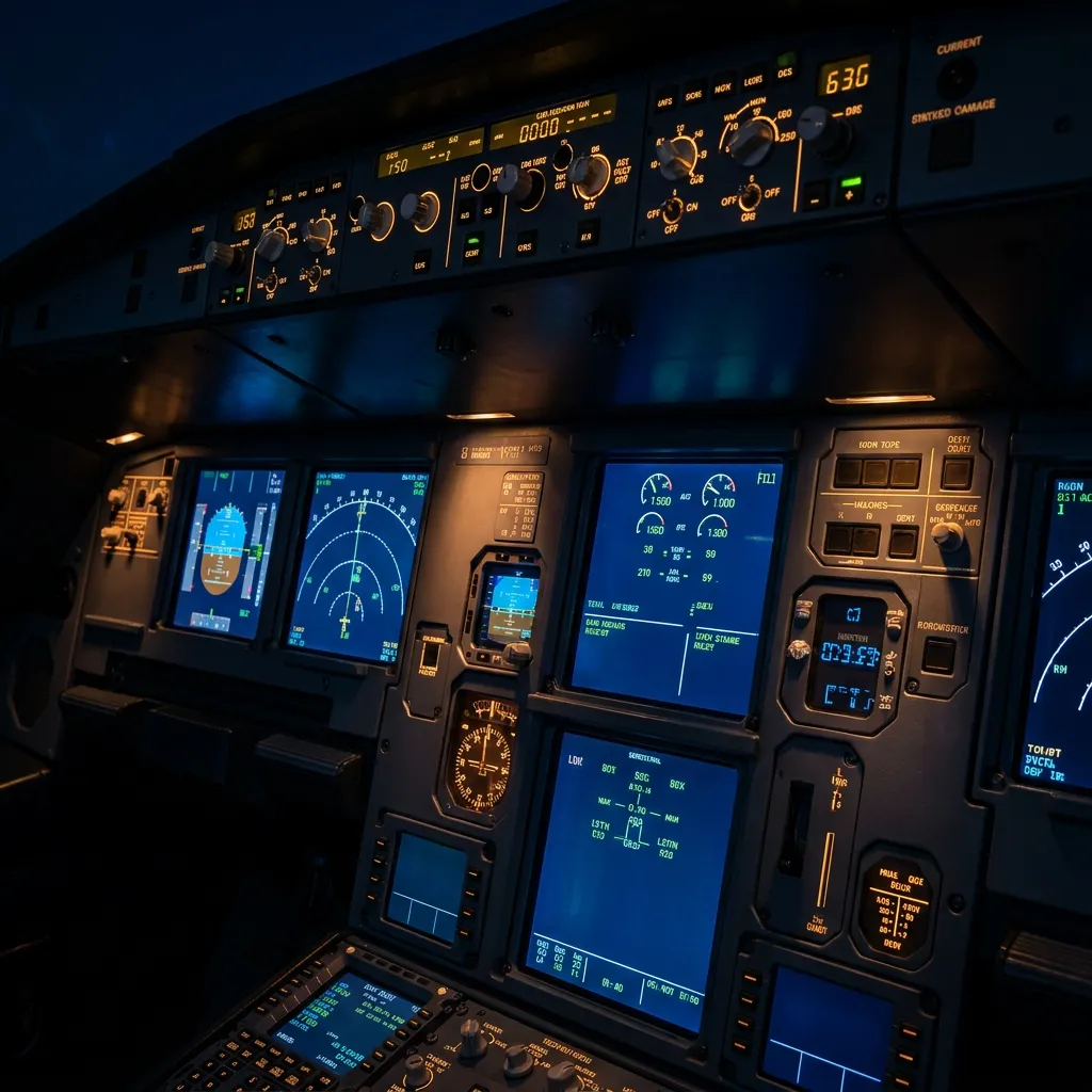Commercial aircraft cockpit avionics panel with backlit instrument displays