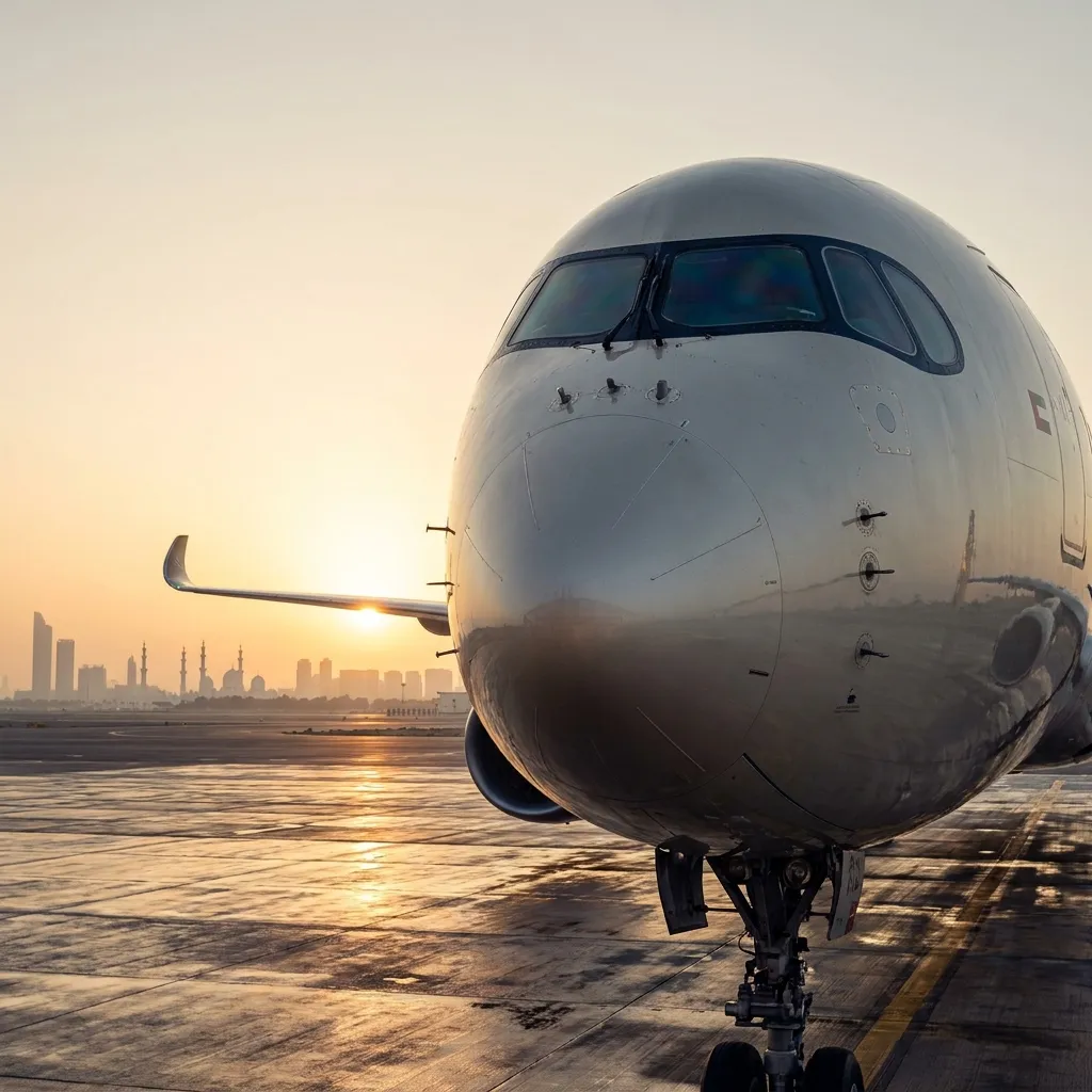 Commercial aircraft nose and cockpit detail at sunrise with Abu Dhabi skyline silhouette