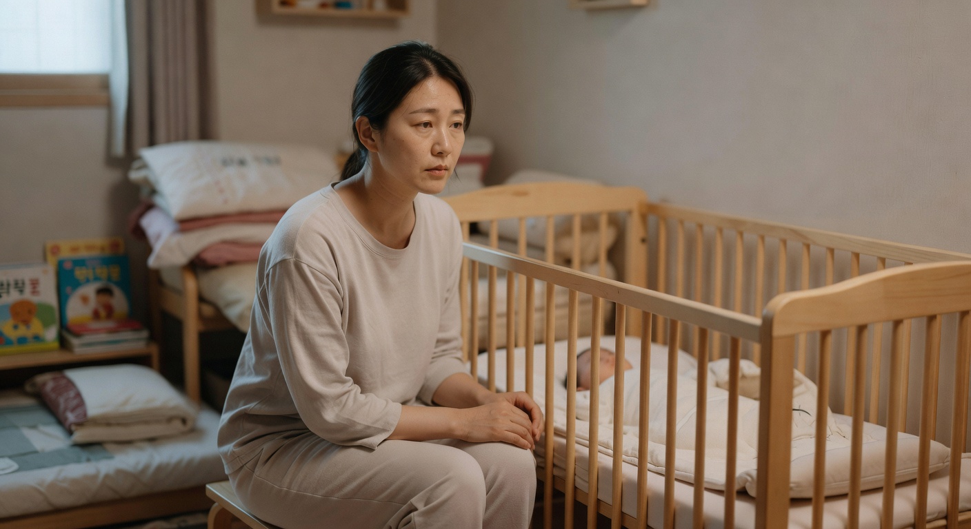tired Korean mother sitting beside a baby crib late at night in a dark room