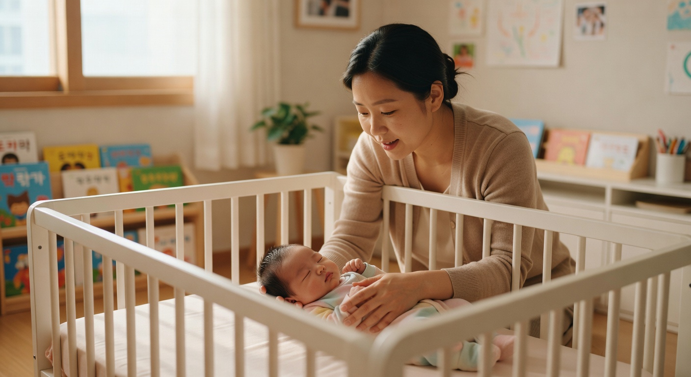Korean mother gently placing sleeping baby in a white crib in a softly lit nursery room