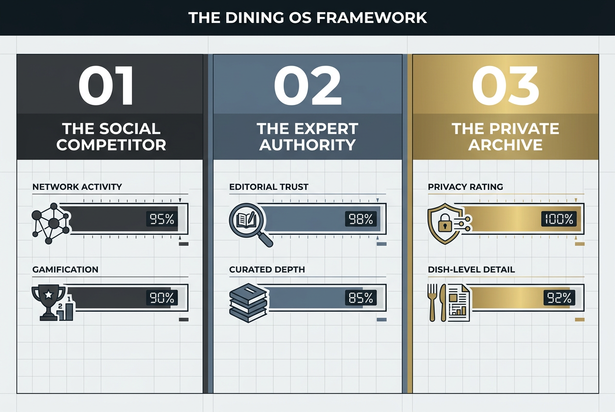 A framework graphic for restaurant apps categorized by Social, Expert, and Private sectors with progress bars for data and trust metrics.