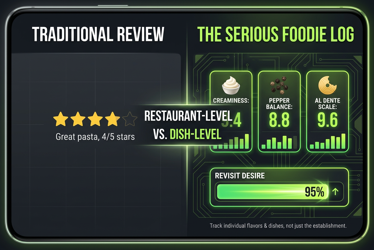 Comparison chart showing basic 4-star restaurant reviews versus detailed dish-level analytics for serious foodies including texture and flavor scores.