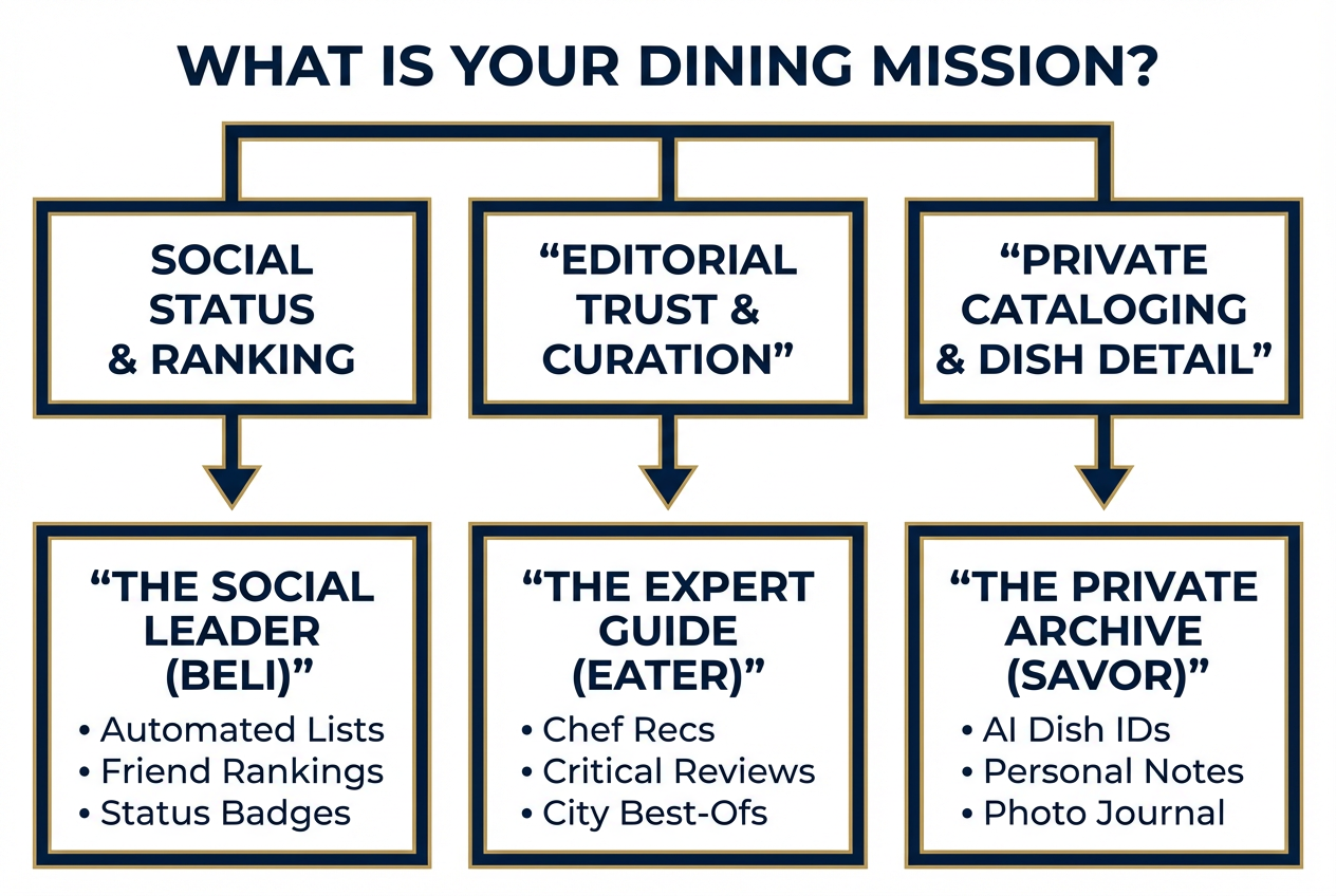 A restaurant app decision matrix flow chart helping users choose between Beli, Eater, and Savor based on their specific dining mission and goals.