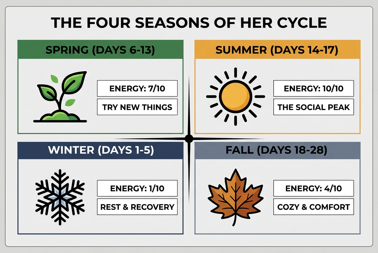 A four-quadrant diagram explaining the Four Seasons cycle framework, mapping menstrual phases to energy levels and date strategy for partners.