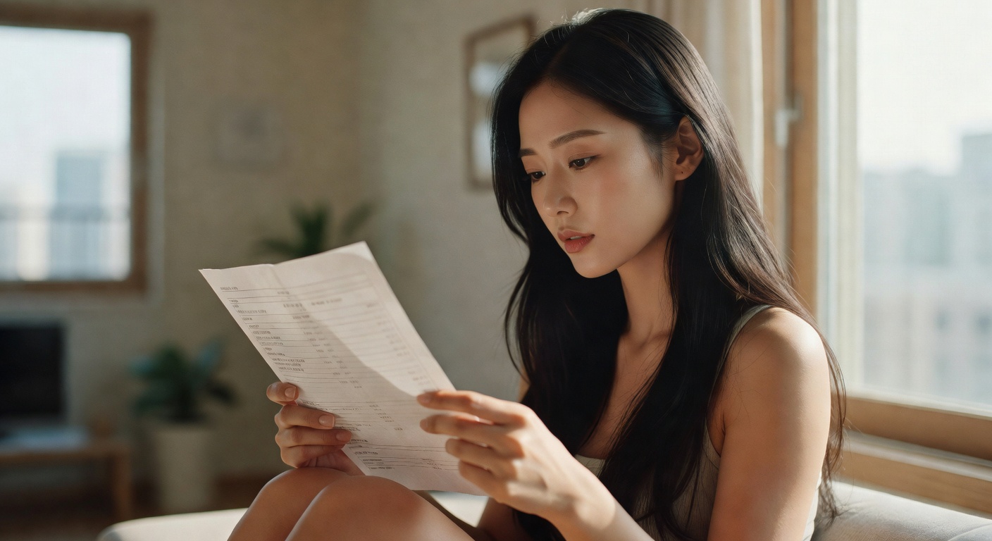 hands holding a printed apartment management fee notice near a window with natural light