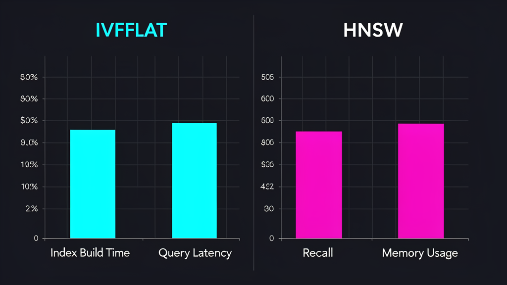 HNSW vs IVFFLAT benchmark comparison - build time, latency, recall, and memory metrics