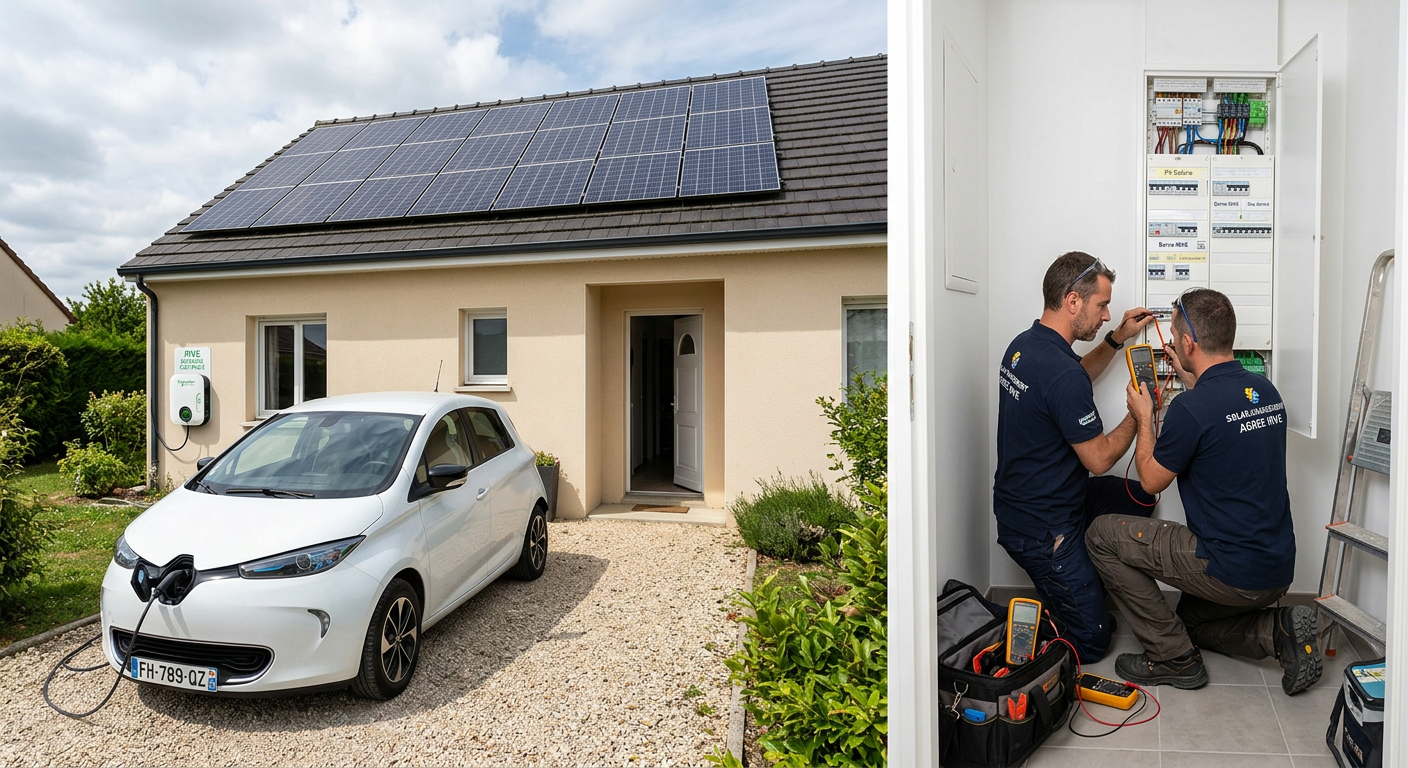 Maison individuelle avec une borne de recharge électrique IRVE installée à l'extérieur et un véhicule électrique en charge, panneaux solaires au toit