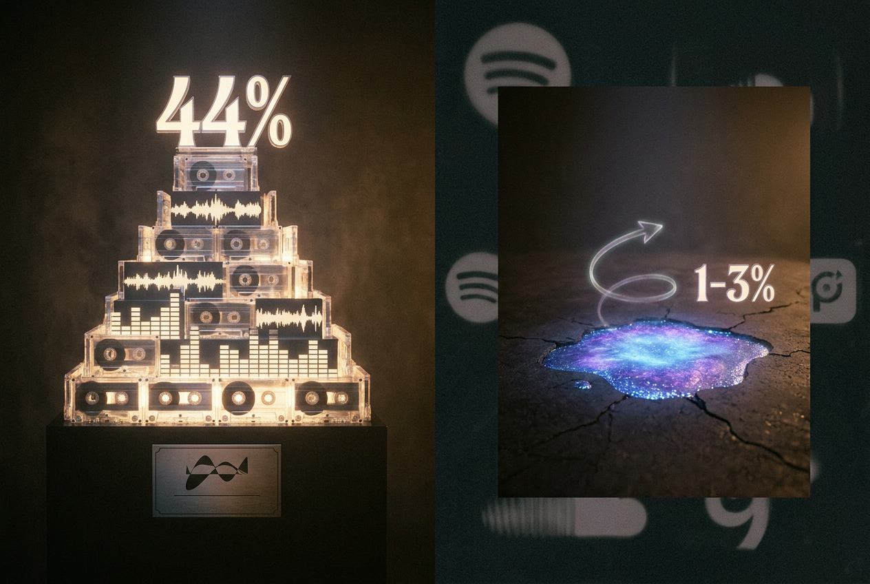 alt text for a visual showing the contrast between AI music uploads and actual streams