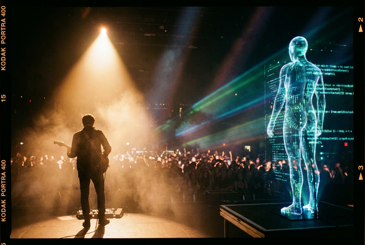 alt text for a visual representing the tension between human and AI musicians