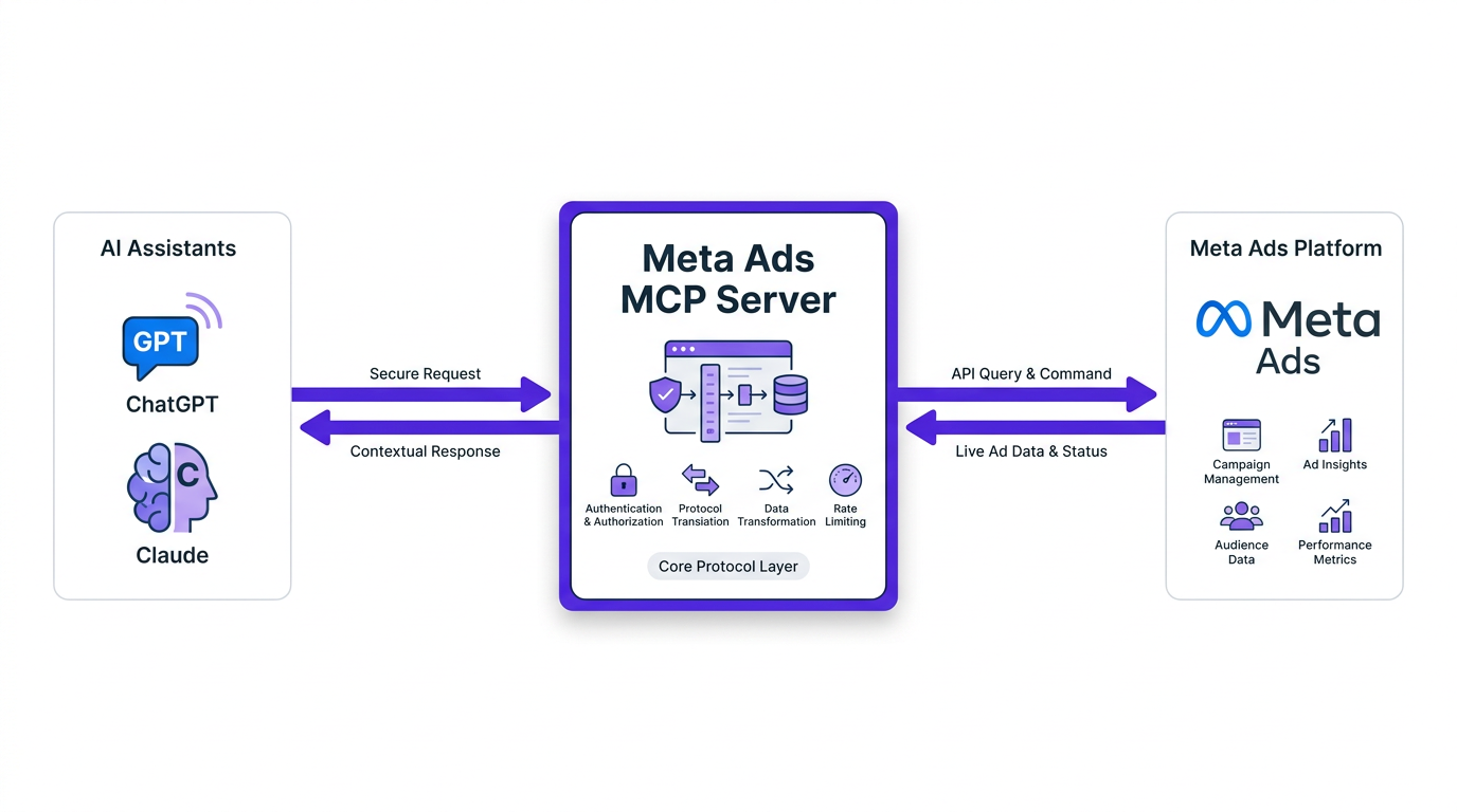 A diagram showing how Meta Ads AI Connectors use MCP to link AI tools to the ad platform.