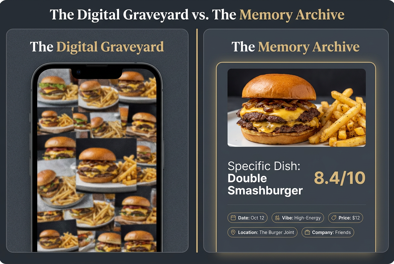 A comparison graphic showing a messy smartphone camera roll labeled Digital Graveyard versus an organized food tracking app labeled Memory Archive.