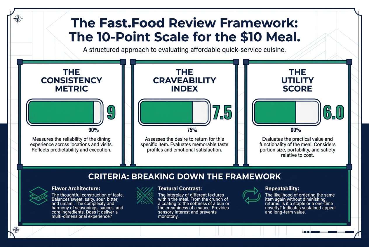 An infographic detailing a three-part framework for reviewing fast food based on Consistency, Craveability, and Utility with 10-point scales.