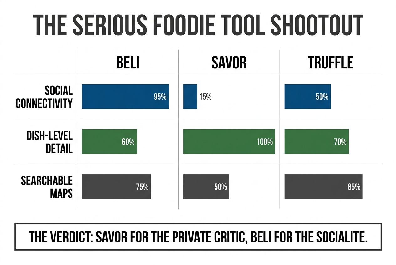A comparison matrix using bar charts to evaluate Beli, Savor, and Truffle across social connectivity, dish detail, and mapping features.