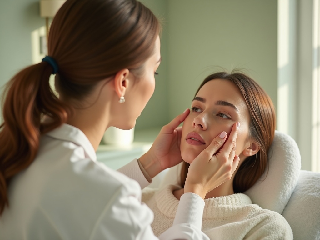 Esthetician pointing to client's skin while having a consultation discussion