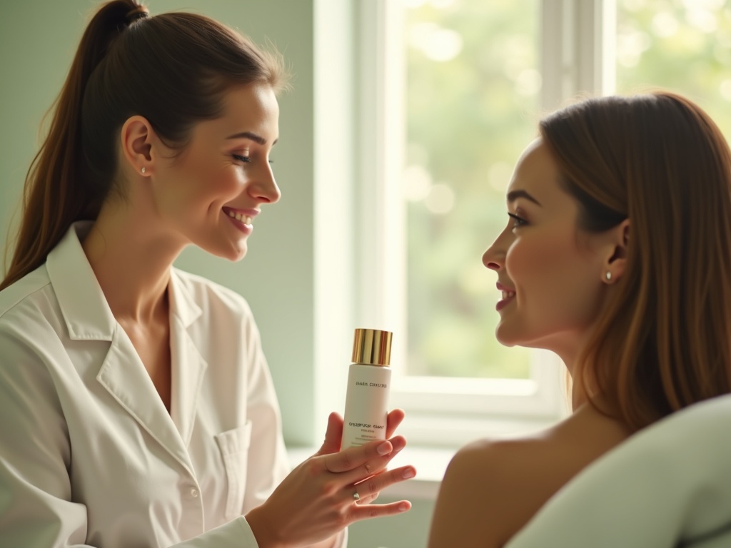 Esthetician speaking reassuringly to client during skincare consultation
