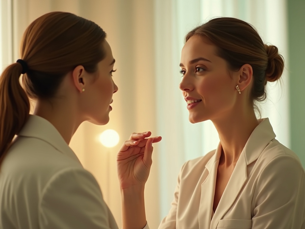 Esthetician speaking with client during skincare consultation