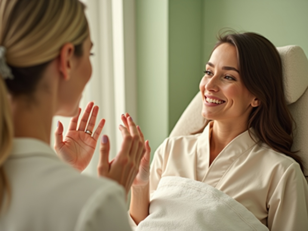 Esthetician and client having friendly conversation during skincare consultation