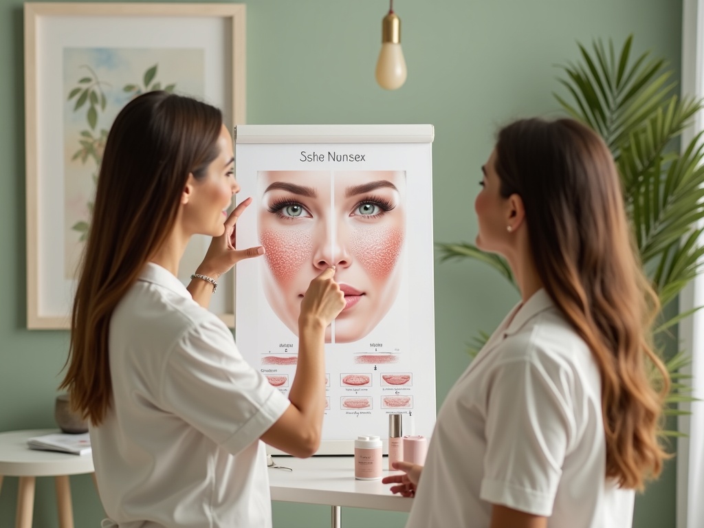 Esthetician explaining skin analysis results to engaged client